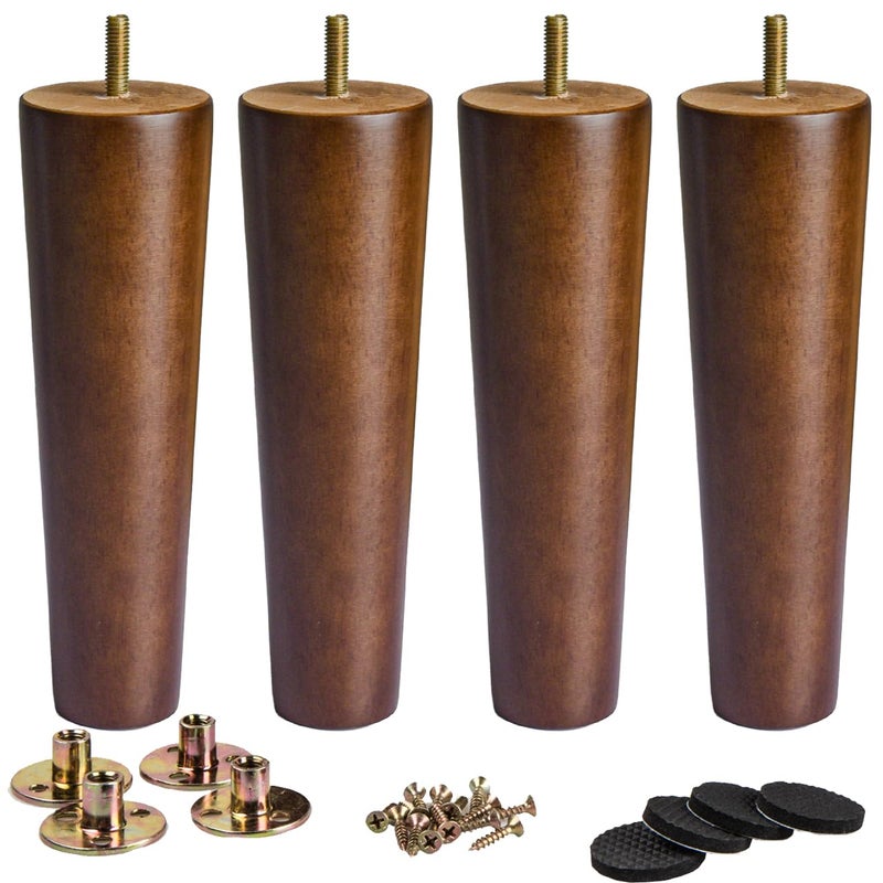 La Vane 6 inch Solid Wood Furniture Legs (15cm) - Walnut Finish Tapered Replacement Feet with 5/16 inch Thread & Mounting Plates - Set of 4 for Sofa, Couch, Cabinet, Ottoman - Image 1